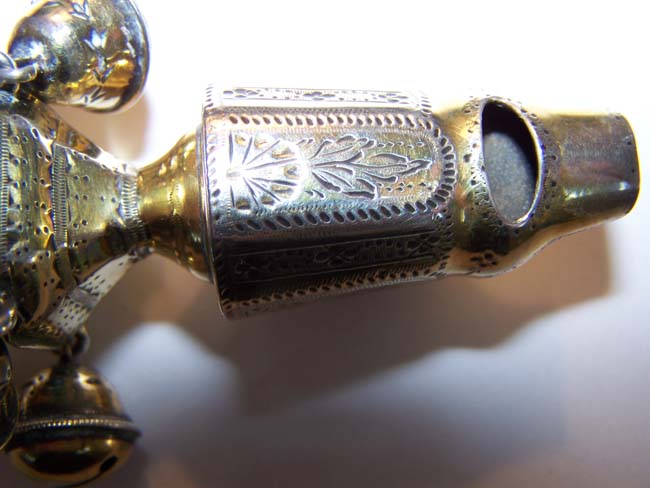 An early 19th century English Silver-Gilt Baby Rattle with Bells, Whistle and Coral Stem — image 3